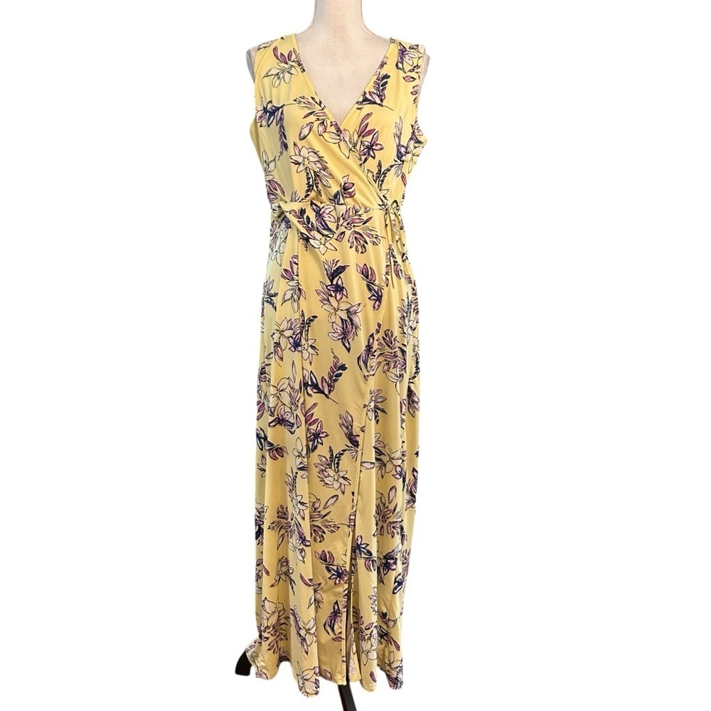 Nina Leonard Sleeveless Faux Wrap‎ Maxi Dress Women’s SZ Large in Yellow Floral
